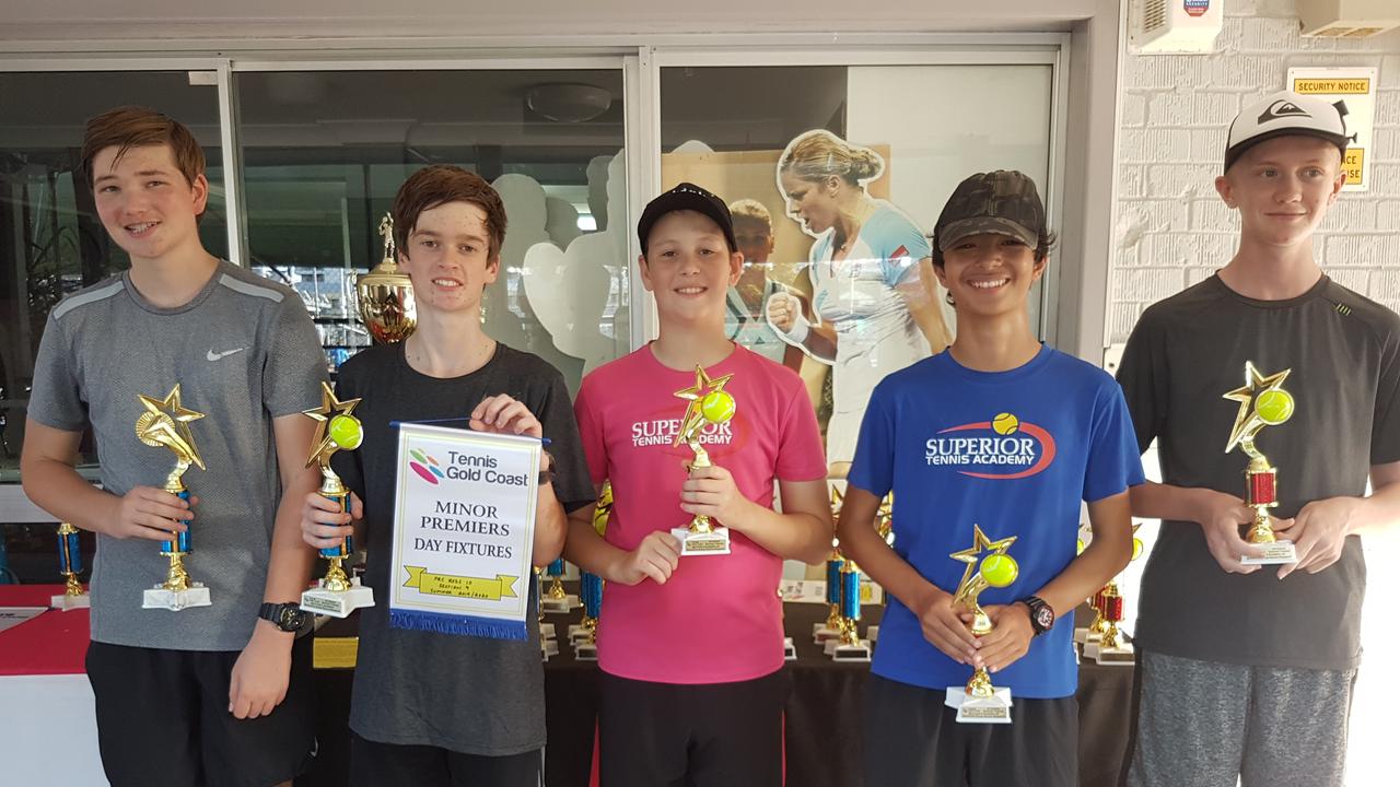 Gold Coast tennis finals. S9 - Caleb Perugino, Kye Silver (PBC Reds 10) Ashton Van Zyl, Jason Pels, Aiden Bottrill (STA Oddballs)