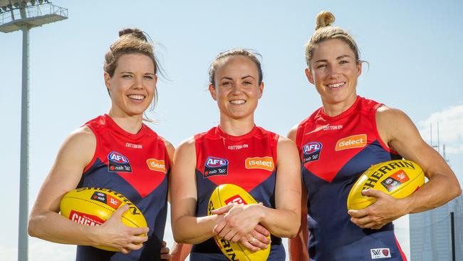 Melbourne captain Daisy Pearce (centre) with vice-captains Elise O'Dea (L) and Mel Hickey (R). Picture: Mark Stewart