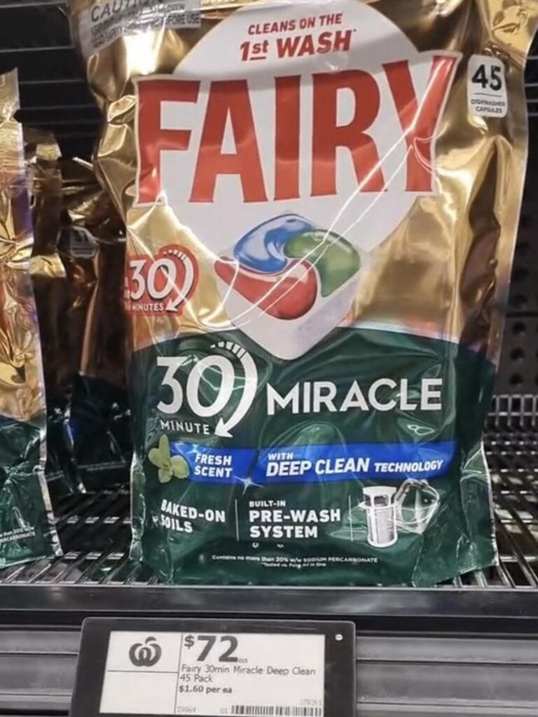 Fairy dishwasher soared to $72 a bag, shocking shoppers in Australia. Picture: Facebook.