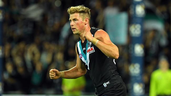 Brett Eddy celebrates kicking a goal for Port Adelaide. He has joined Traralgon in 2022. Picture: Tom Huntley