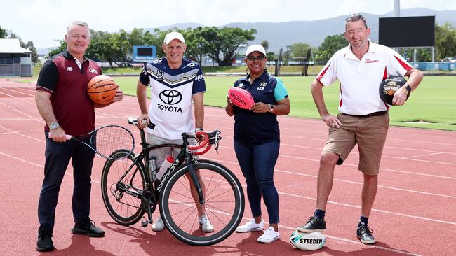 Member for Cairns and Minister for Tourism and Sport, Michael Healy, Labor candidate for Mulgrave Richie Bates, Member for Cook, Cynthia Lui and Member for Barron River, Craig Crawford made the announcement for a Sporting Centre of Excellence at Barlow Park, which is set to undergo a $91m upgrade. Picture: Brendan Radke