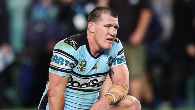 Paul Gallen looks dejected after the Sharks’ loss to the Cowboys. Picture: Brett Costello