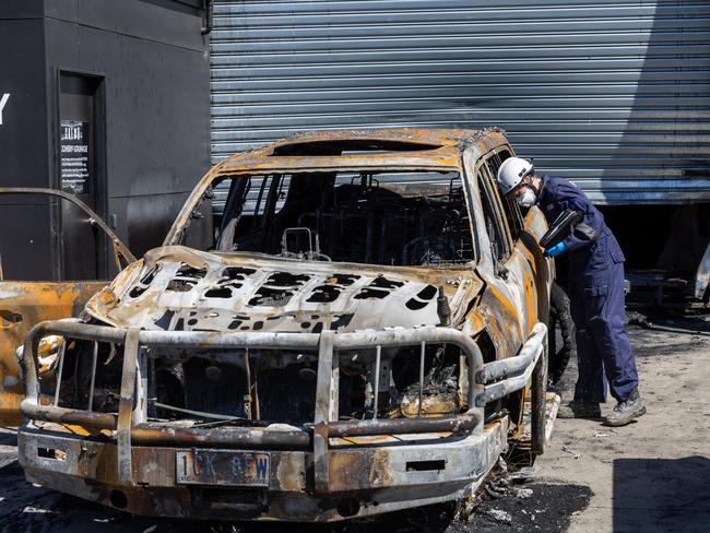 A torched car outside a Braybrook gym that was set on fire in October 2024 Picture: Jason Edwards