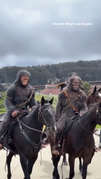 Planet of the Apes startle onlookers as they ride through town