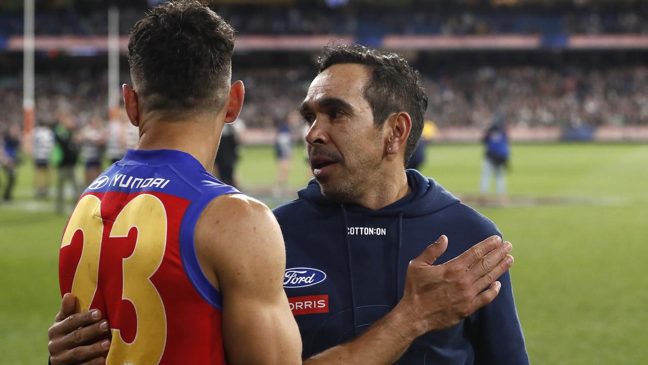 Eddie Betts with Charlie Cameron who was one of the victims of racial abuse. (Photo by Darrian Traynor/AFL Photos/Getty Images)