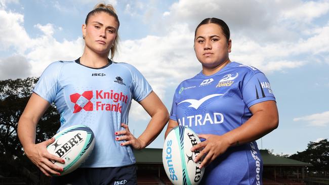 Piper Duck of the NSW Waratahs (L) and Hera-Barb Malcolm Heke of the Western Force (R) pose during the 2025 Super Rugby Women's Season Launch