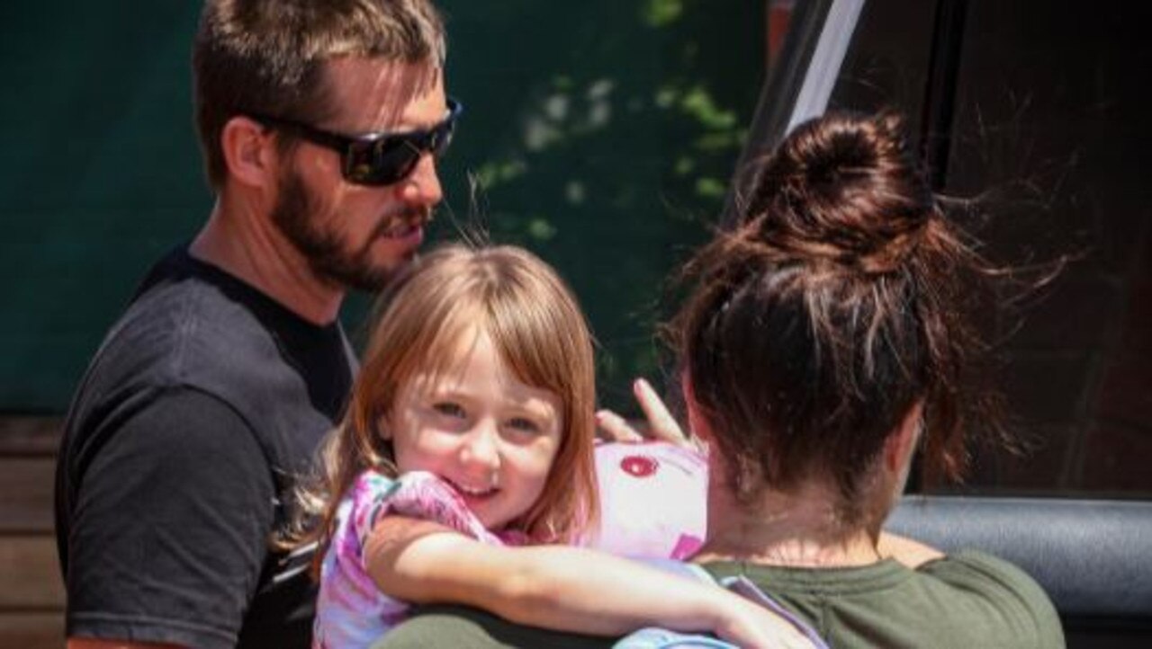 Cleo Smith, pictured with mother Ellie Smith and stepfather Jake Gliddon the day after her rescue. Picture: Colin Murty