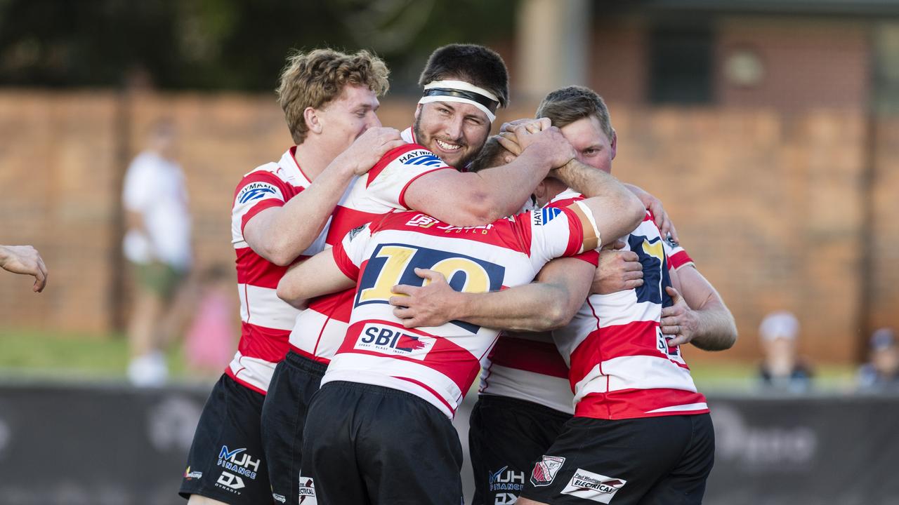 Toowoomba Rangers celebrate a try against Goondiwindi Emus in the Risdon Cup grand final. Picture: Kevin Farmer