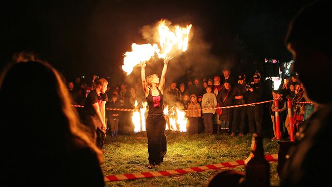 2016 Huon Valley Mid-Winter Festival. fire dancers entertain the crowd. Picture: SAM ROSEWARNE