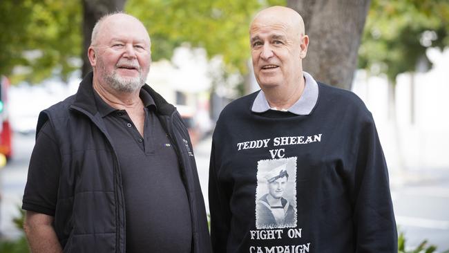 Teddy Sheean’s nephews Grant Sheean and Garry Ivory in Hobart ahead of the hearing. Picture: RICHARD JUPE