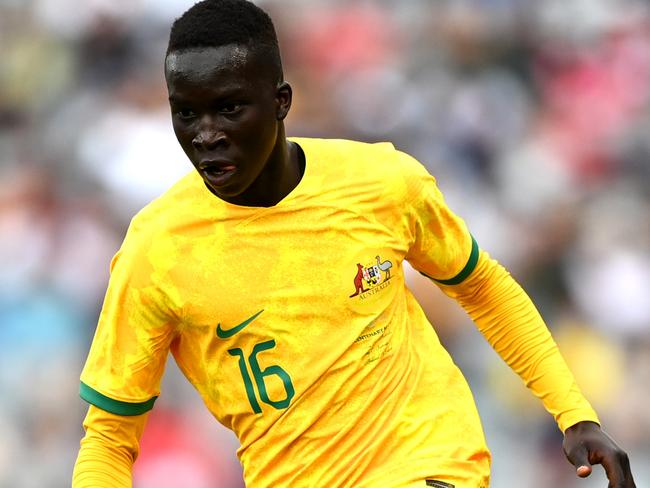 AUCKLAND, NEW ZEALAND - SEPTEMBER 25: Garang Kuol of the Socceroos makes a break during the International Friendly match between the New Zealand All Whites and Australia Socceroos at Eden Park on September 25, 2022 in Auckland, New Zealand. (Photo by Hannah Peters/Getty Images)