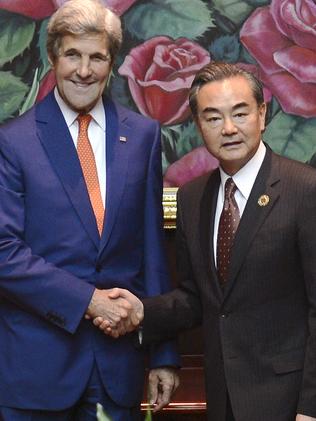 US Secretary of State John Kerry meets with Chinese Foreign Minister Wang Yi. Picture: Xinhau