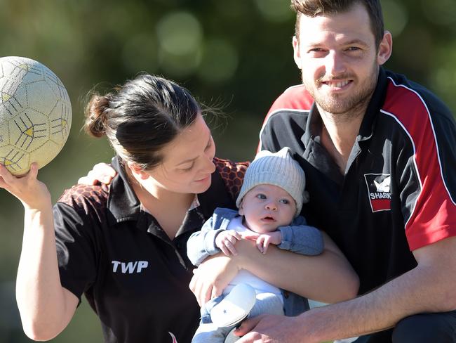 Ella Bayliss of Croydon South, returned to playing top flight netball just six weeks after the birth of her first child. Ella and Jarrod Bayliss (Park Orchards senior footy coach) with son Knoxie, now nine weeks old.