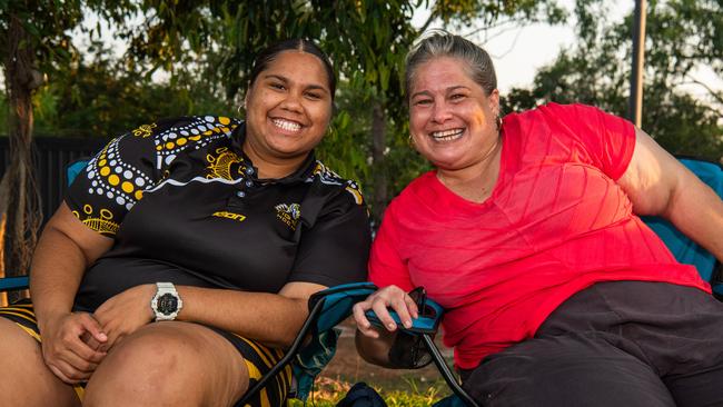 Tahlia Carroll and Candice Carroll as thousands of fans gathered for the AFLW Dreamtime game between Richmond and Essendon in Darwin. Picture: Pema Tamang Pakhrin