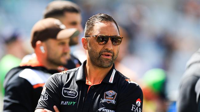 CANBERRA, AUSTRALIA – MARCH 16: Benji Marshall, new head coach of the Wests Tigers looks on during the NSW Cup ahead of the round two NRL match between Canberra Raiders and Wests Tigers at GIO Stadium, on March 16, 2024, in Canberra, Australia. (Photo by Jenny Evans/Getty Images)