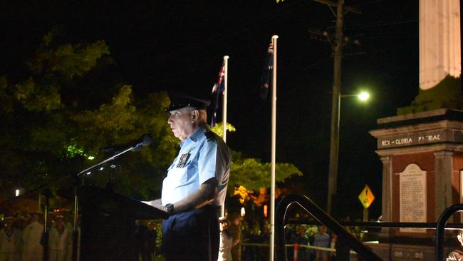 Squadron Leader Geoff Strange delivers the special address at the Mackay Anzac Day 2021 Dawn Service at Jubilee Park cenotaph. Picture: Tara Miko