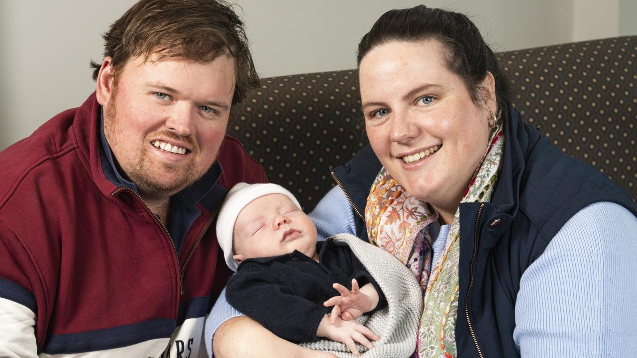 New parents Brendan and Lauren Waldron and their six-week-old baby Alfie Waldron, Monday, July 15, 2024. Picture: Kevin Farmer