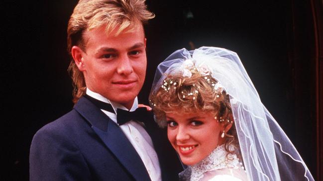 Actor Jason Donovan and Actress Kylie Minogue in the iconic wedding scene.