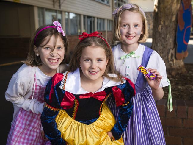 In character for Book Week are (from left) Jasmine Bayliss, Piper Davies and Isla Dwyer at Rangeville State School, Friday, August 25, 2023. Picture: Kevin Farmer