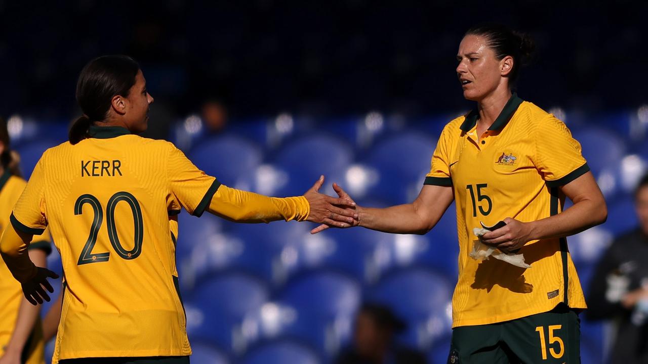 Sam Kerr (left) congratulates teammate Emily Gielnik in Australia’s win over South Africa. Picture: Paul Harding / Getty Images