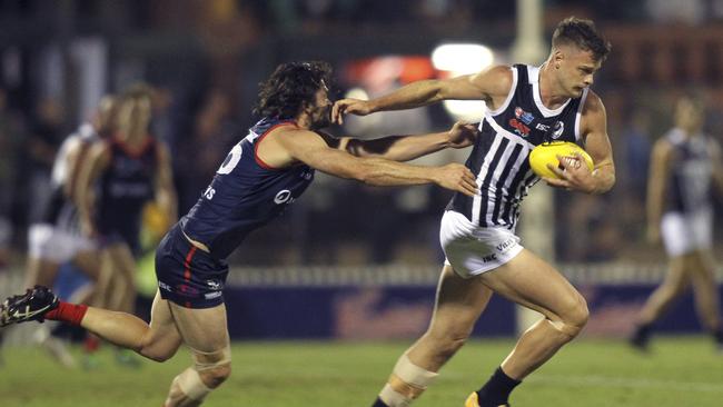 Peter Ladhams (right) has been starring in the SANFL but is stuck behind Scott Lycett and Paddy Ryder at Port Adelaide. Picture: Dean Martin.