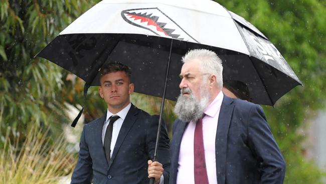 Callan Sinclair (left) arrives at Wollongong courts on Thursday. Picture: NCA NewsWire / Simon Bullard