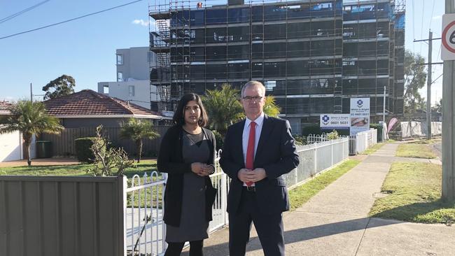 Labor candidate for Holsworthy Charishma Kaliyanda with Opposition Planning and Infrastructure spokesman Michael Daley at Nuwarra Rd, Moorebank.