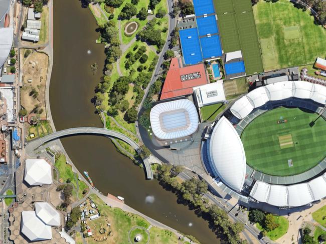 An aerial view of an artist's impression of the new Memorial Drive centre court, and how it would look beside Adelaid Oval and the Torrens Footbridge.