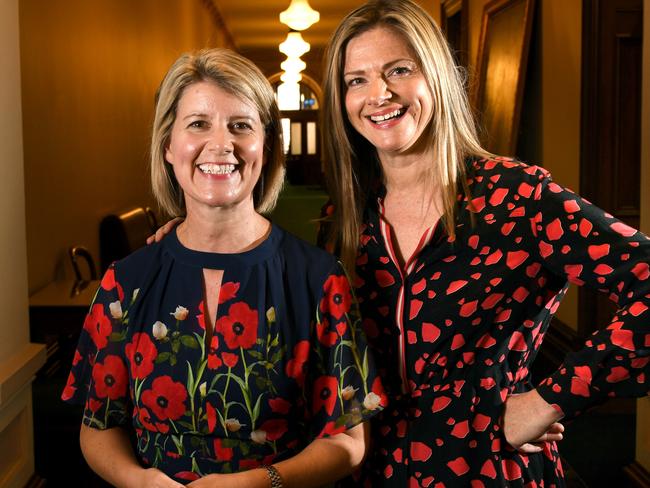 Our Watch chairwoman Natasha Stott Despoja and Julia Zemiro outside the meeting on Tuesday. Picture: Tricia Watkinson