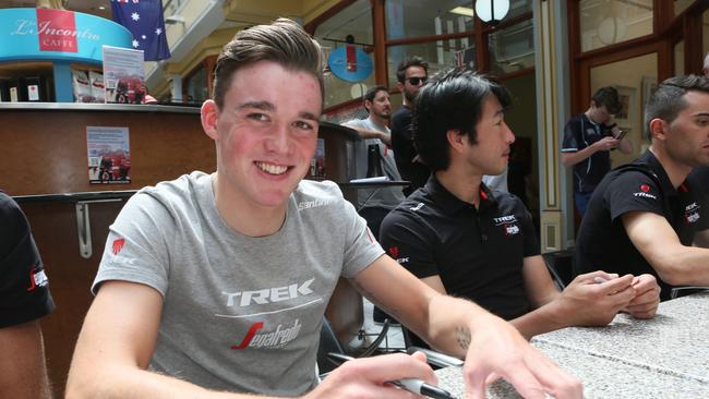 Mads Pedersen signs autographs for fans on Saturday. Picture: AAP/Emma Brasier