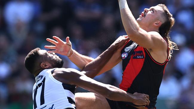 Sam Draper and Esava Ratugolea contest a ruck contest in round 1. Picture: Michael Klein