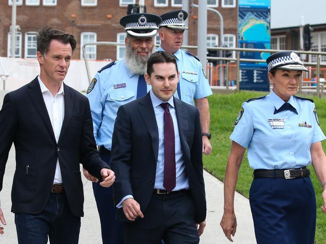 Premier Chris Minns, David Ossip and NSW Police Commissioner Karen Webb arrive for a press conference at Bondi to comment on the anti-Semitic vandalism of property that occurred in Woollahra. Picture: NewsWire/Gaye Gerard