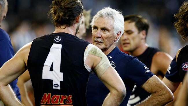 Mick Malthouse gives Bryce Gibbs a dressing down. Picture: Wayne Ludbey