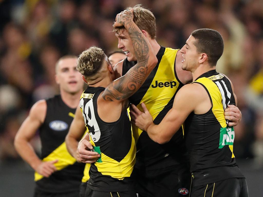 Tom Lynch bagged three majors in the third term to inspire a Richmond comeback. (Photo by Michael Willson/AFL Photos via Getty Images)