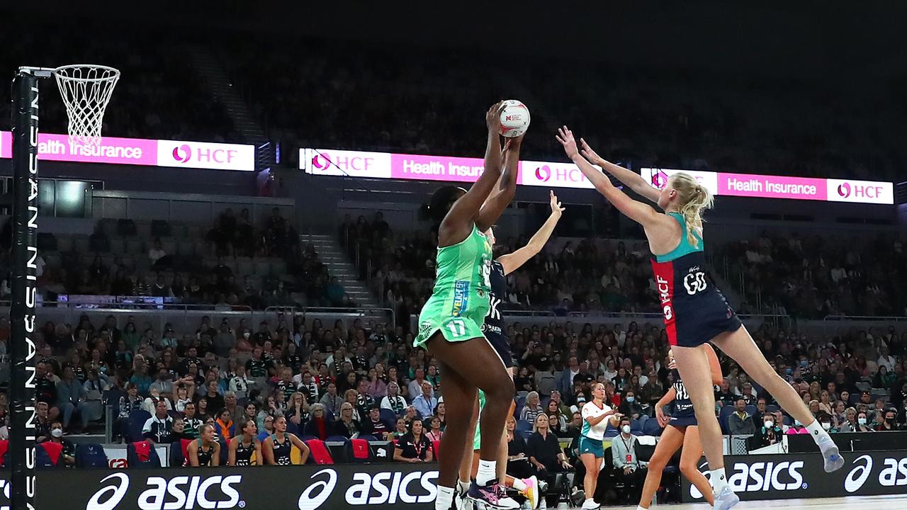 Jhaniele Fowler of the Fever catches the ball against Vixens the round four Super Netball match between Melbourne Vixens and West Coast Fever at John Cain Arena, on April 12, 2022, in Melbourne, Australia. (Photo by Kelly Defina/Getty Images)