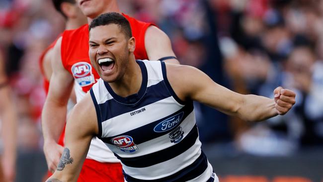 MELBOURNE, AUSTRALIA - SEPTEMBER 24: Brandan Parfitt of the Cats celebrates a goal during the 2022 Toyota AFL Grand Final match between the Geelong Cats and the Sydney Swans at the Melbourne Cricket Ground on September 24, 2022 in Melbourne, Australia. (Photo by Dylan Burns/AFL Photos via Getty Images)