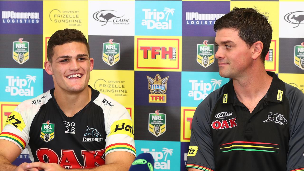 Nathan Cleary and coach Cameron Ciraldo in a presser. (Photo by Chris Hyde/Getty Images)