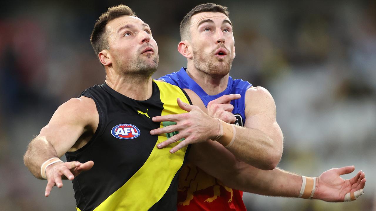 Daniel McStay, pictured with Richmond’s Toby Nankervis, is expected to have some ruck duties at Collingwood. Picture: Mark Stewart