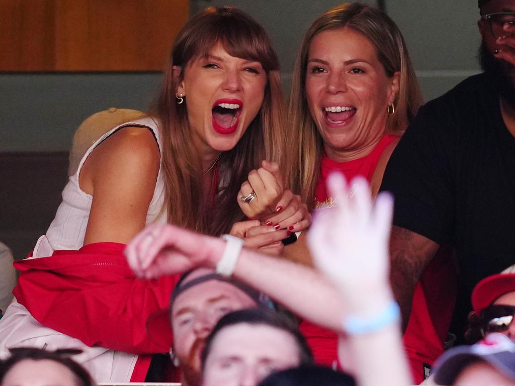 Taylor Swift got really excited at the game. Picture: Jason Hanna/Getty Images