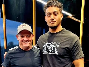 Broncos coach Kevin Walters with Va'a Semu. Credit: Supplied.