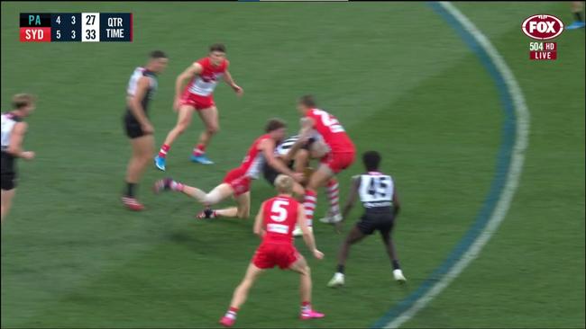 Lance Franklin was reported for high front-on contact on Sam Powell-Pepper. Picture: Fox Footy