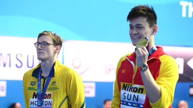 Silver medallist Mack Horton of Australia refuses to share the podium with gold medallist Sun Yang of China at the 2019 FINA World Championships in Gwangju, South Korea. Picture: Quinn Rooney/Getty Images