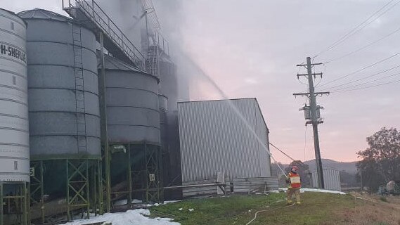 SILO FIRE: Crews from five Rural Fire Service and two Fire and Rescue NSW attended a silo fire at Mara Global Foods at Mallanganee. MGF managing director Ross Larsson said no-one was injured and no job have been impacted by the incident. Photo courtesy Michael Brett RFS.