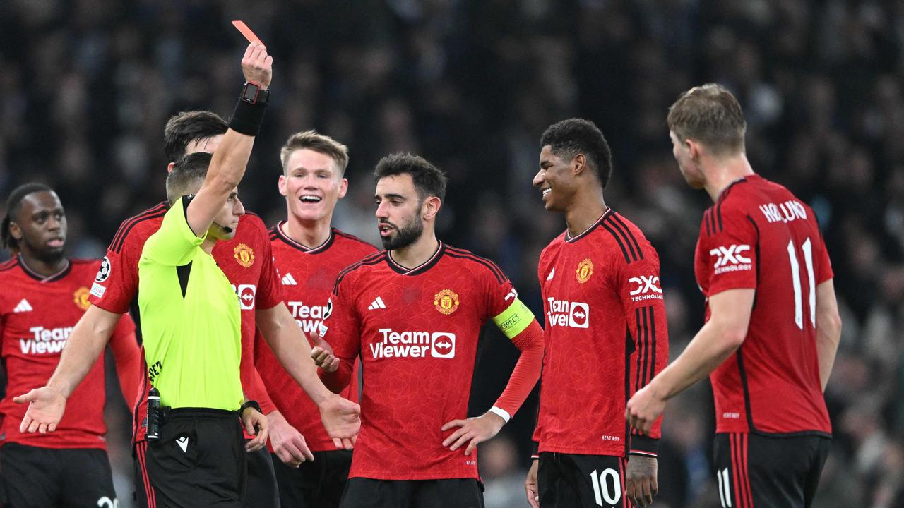 Manchester United's Marcus Rashford shown a red card. Photo by Jonathan NACKSTRAND / AFP.