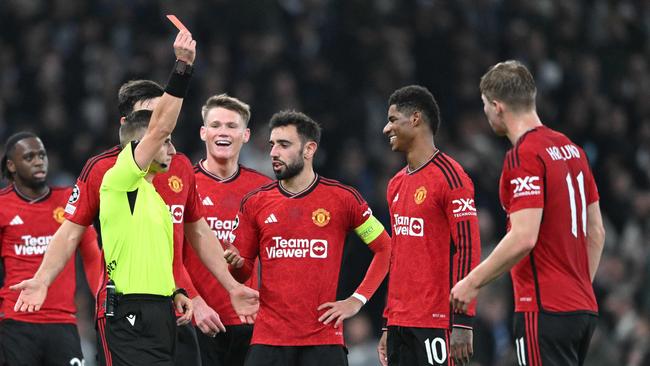 Manchester United's Marcus Rashford shown a red card. Photo by Jonathan NACKSTRAND / AFP.