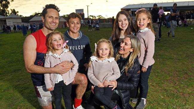 Gavin Wanganeen with wife Pippa, and kids Posey, 3, Tex, 15, Lulu, 4, Mia, 19, and Kitty, 5, after the game. Picture: Tom Huntley.