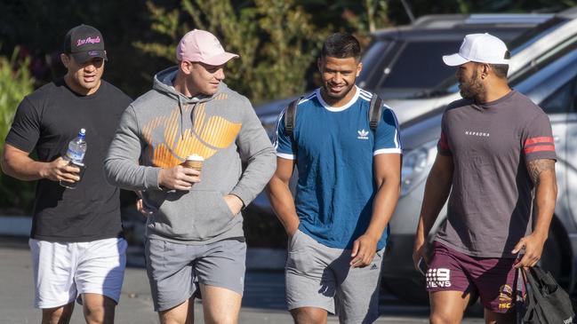 David Fifita, Matt Lodge, Payne Haas and Joe Ofahengaue arrive at the Clive Berghofer Centre. Picture: AAP Image/Glenn Hunt