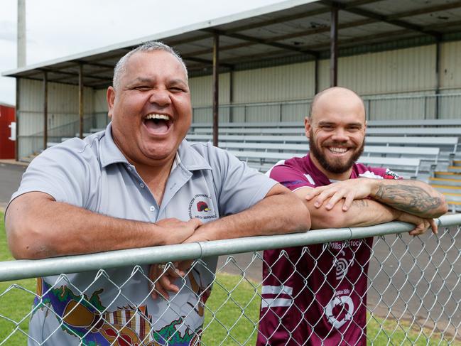 Darren Ah See with first grade co-coach Aiden Ryan at the Wellington Cowboys club home at Kennard Park. Picture: David Swift