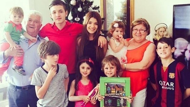 At Christmas with grandchildren in 2014 pictured left to right. Tao Ferraro (held by Nonno Frank Ferraro), Back row, Alessio Rapetti, Isabella Rapetti, Giadia Paterni (held by Nonna Elisabetta), Arlo Ferraro. Front row, Diego Paterni, Nayla Ferraro and Mattia Paterni.