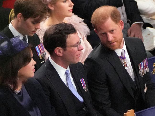 Princess Eugenie and husband Jack Brooksbank with Prince Harry at the coronation ceremony of King Charles III. Picture: AFP